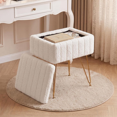 Faux Fur Vanity Stool with Storage, Soft Padded Ottoman, Metal Frame for Bedroom & Living Room