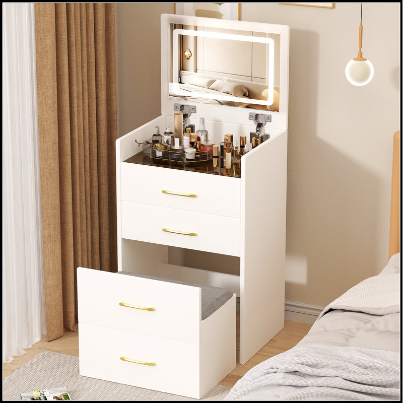 Meuble-lavabo 3 en 1 avec miroir ouvert et bureau en verre, meuble-lavabo compact avec 3 tiroirs pour les petits espaces