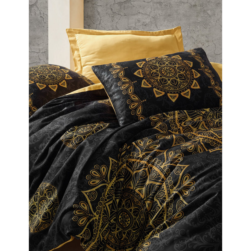 Ensemble de housse de couette en satin de luxe, doré et noir, avec housse de couette (78,7 x 86,6 po), drap plat (94,5 x 102,4 po), 4 taies d'oreiller (19,7 x 27,6 po) | 100% satin de coton, lavable à la machine, conception élégante