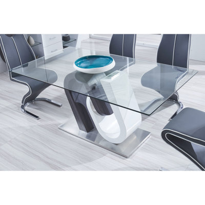 Table de salle à manger de couleur grise et blanche, détails polis, base en acier inoxydable, conception géométrique, profondeur de 69,94 pouces, largeur de 40,06, hauteur de 30,66, poids de 213,4 lb, profondeur, largeur, hauteur,