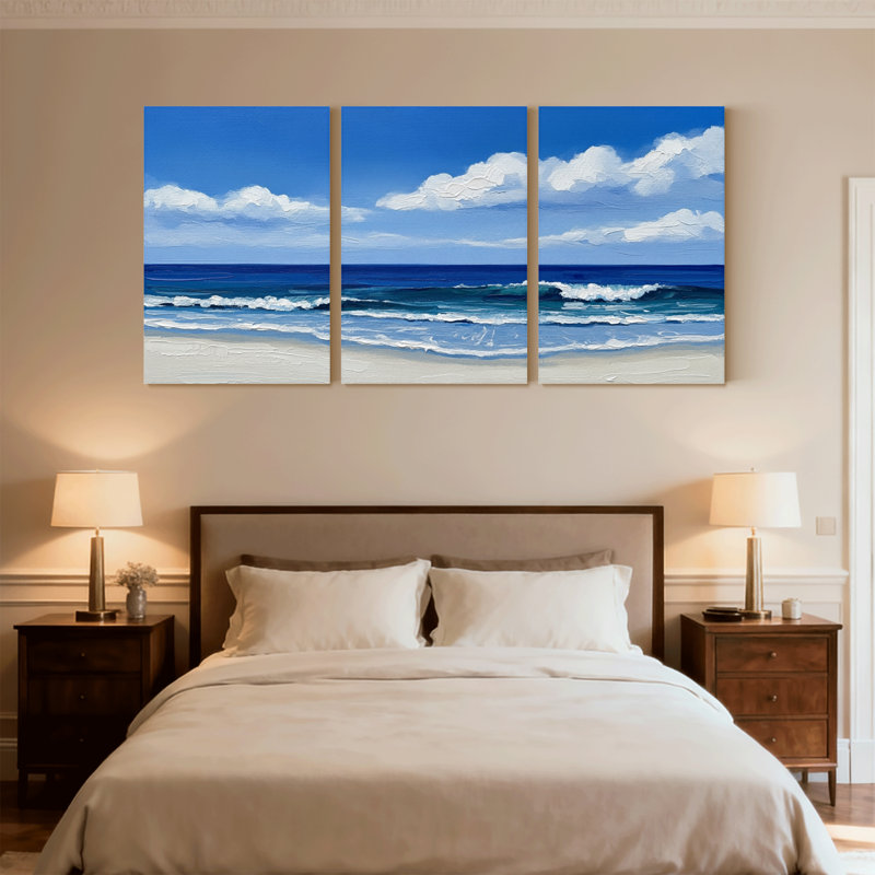 Nautique et plage, ciel bleu, nuages blancs, vagues de l'océan, plage de sable, ensemble de 3 impressions sur toile