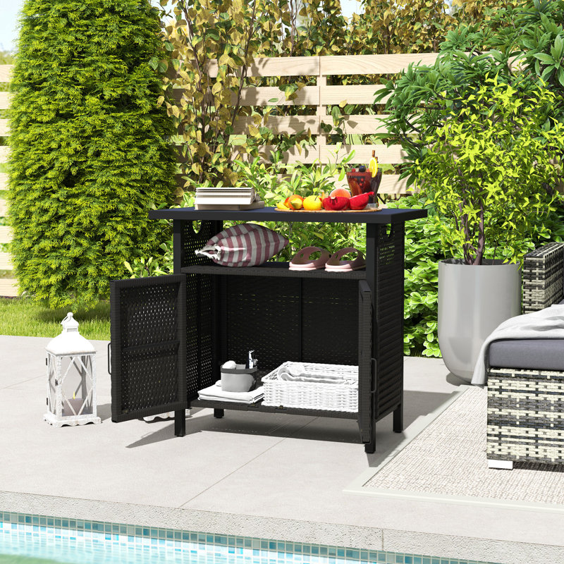 Outdoor Pool Towel Storage Cabinet Organizer, Outdoor Bar Table With Shelf And Cabinet, Pool Towel Holder Pool Valet With Weather-Resistant PE Rattan And Steel Frame, Espresso