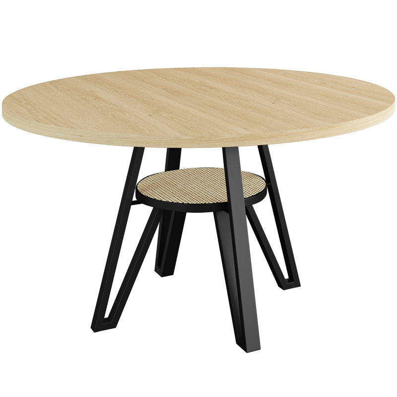 47.2 Inch Round Dining Table For 4, Kitchen Table With Rattan Storage Shelf, Natural, Natural Wood