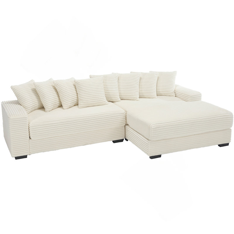 Eduardo L-Shaped Corduroy Sectional Sofa with Throw Pillows, Beige Corduroy,  Right Hand Facing