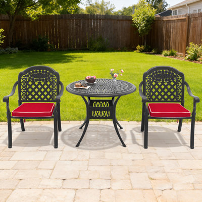Ensemble de salle à manger d'extérieur rond pour 2 personnes, mobilier de patio 3 pièces en fonte d'aluminium avec chaises rembourrées rouges
