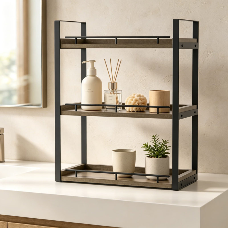 Organisateur de comptoir de salle de bain à 3 niveaux, tablette de comptoir en bois pour le rangement de maquillage pour la toilette, brun rustique avec support en métal durable pour l'évier de cuisine