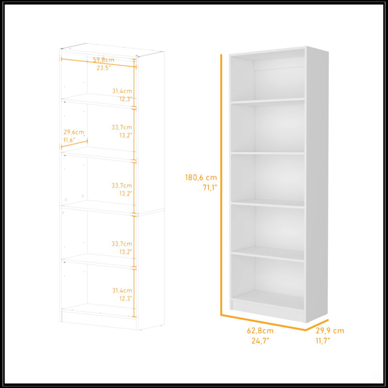 5-Shelf Bookcase, White, (5 Shelves) 71.1"H x 24.7"W x 11.7"D