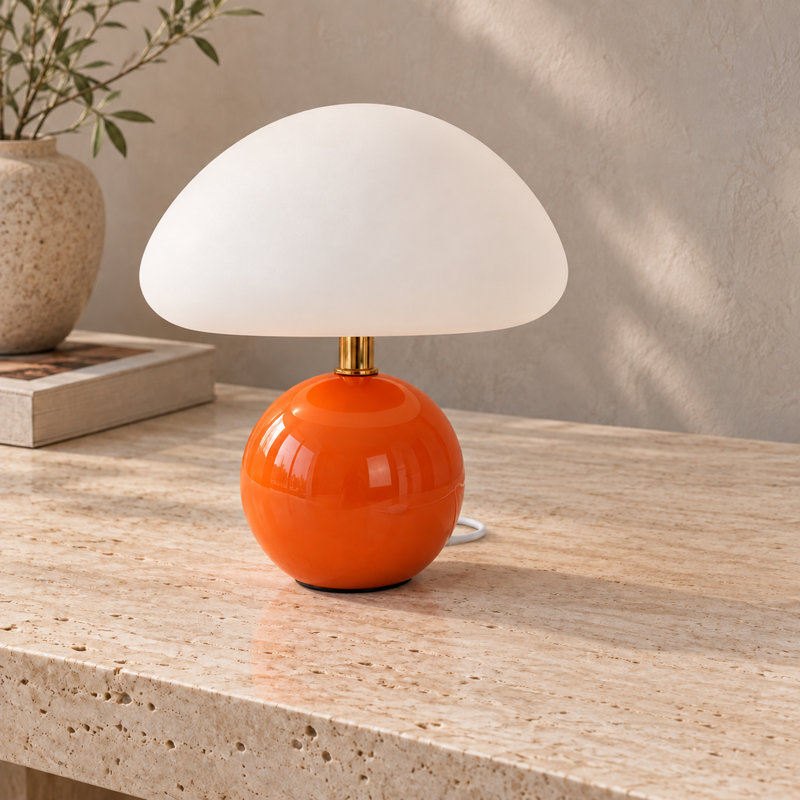 Lampe de table champignon en céramique orange, lampe de chevet à DEL alimentée par USB avec lumière tricolore pour table de chevet
