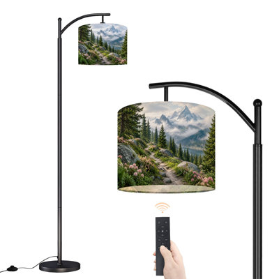 Arc Floor Lamp with Adjustable Lampshade Mountain Landscape Pine Trees Standing Lamp 3 Color Temperatures Dimmable Tall Pole Lamp with Foot Switch for Bedroom