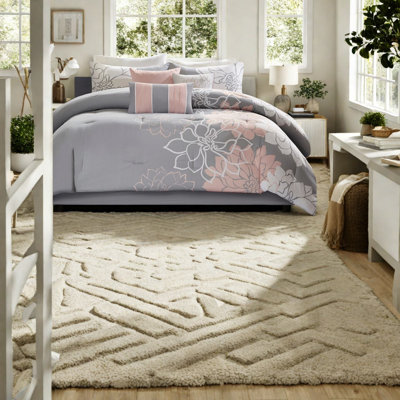 Modern Floral Bedding Sets, Cotton Sateen Comforter Grey Peach, Cozy Bedroom