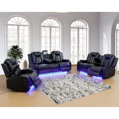 3-Piece Vegan Leather Home Theater Power Reclining Living Room Sofa Set With Wireless Charging Station, Blue LED Light, and USB Port