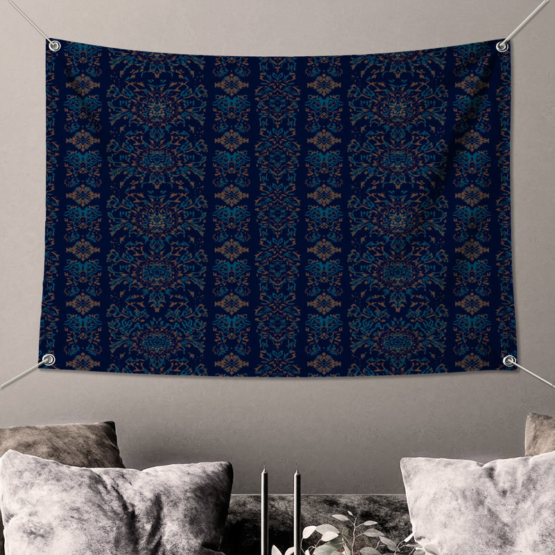 Blue Floral Damask Wall Tapestry - Damask Wall Decor, 68in H x80in W with 4 Grommets