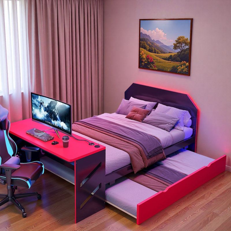 Wood Daybed With Trundle, Desk And Usb Port, Red