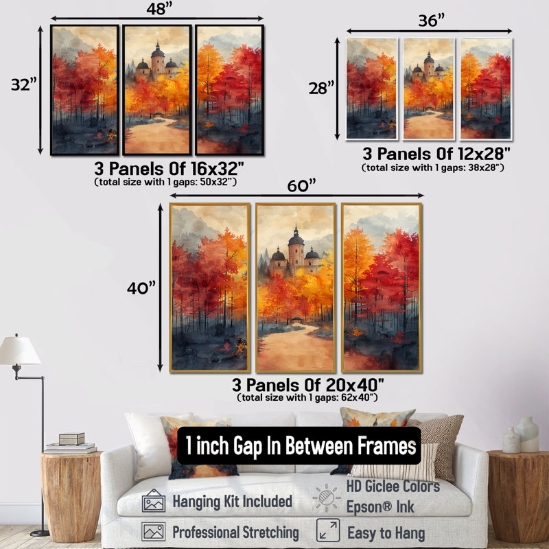 - Ensemble de salon d'art mural Chateaus, H 28 po x l 36 po x P 1 po, Toile avec cadre flottant brun