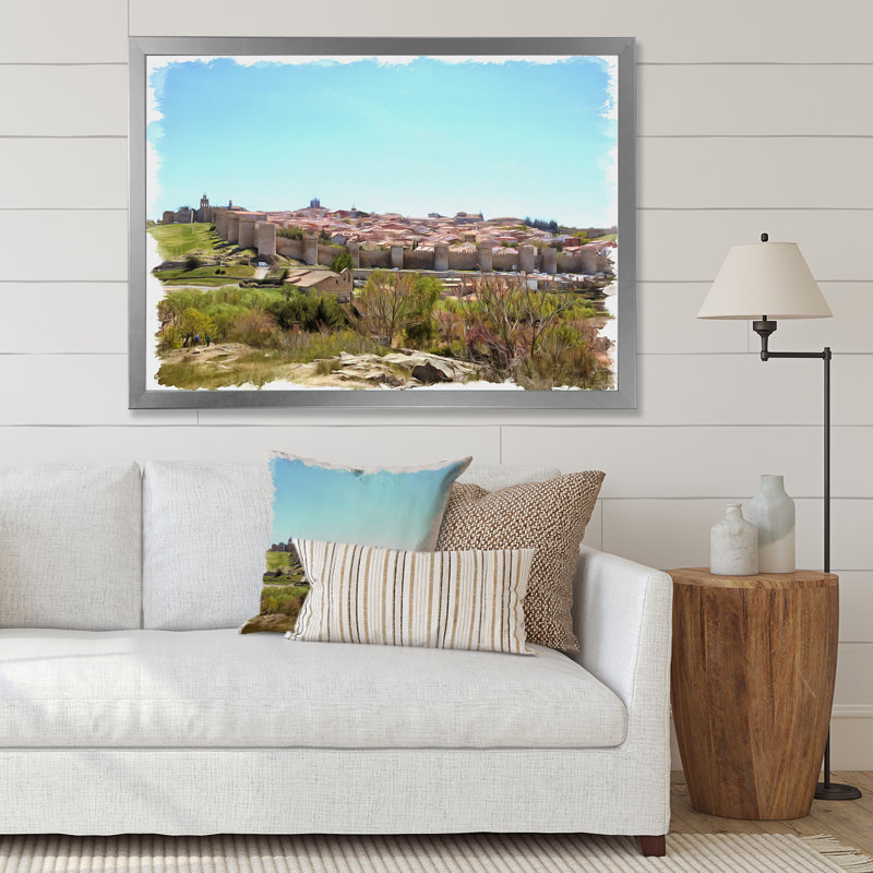 Vue sur les remparts de la ville médiévale - reproduction sur toile, Cadre photo argenté, H 30 po x l 40 po x P 1,5 po