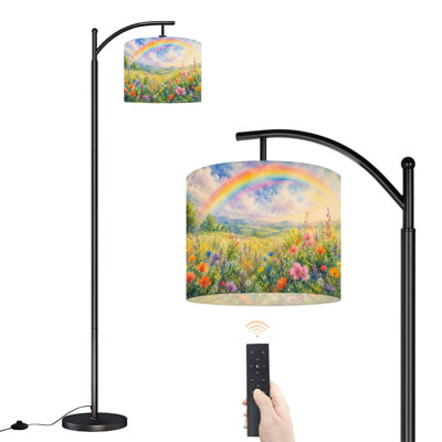  Arc Floor Lamp Colorful Rainbow Vibrant Wildflower Meadow Watercolor Tall Modern Standing Lamp LED Adjustable Linen Lampshade 3 Color Temperatures