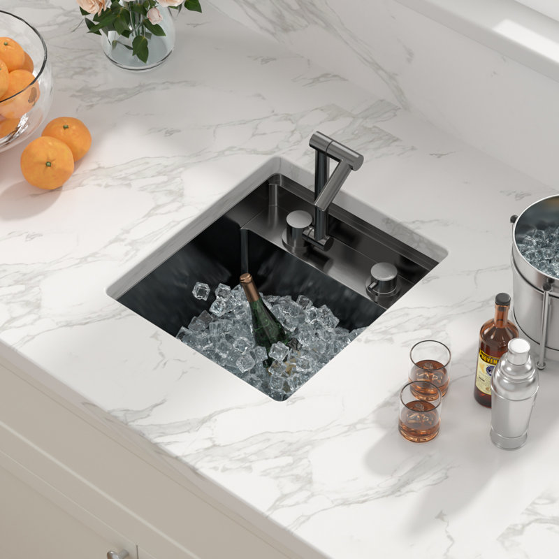 Évier de cuisine en acier inoxydable à cuve simple encastrable L 15 po x l 17 po avec robinet pliant, Bronze industriel-noir