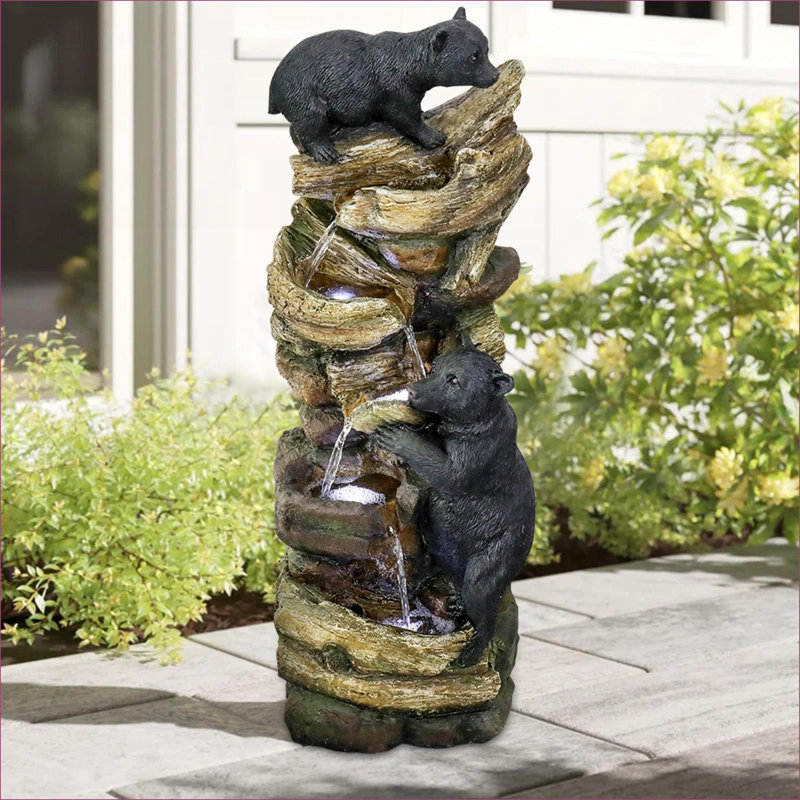 Fountains | 5 Tier 39.3" H LED Outdoor Water Fountain for Patio Lawn Garden | Walnut Brown | Resin