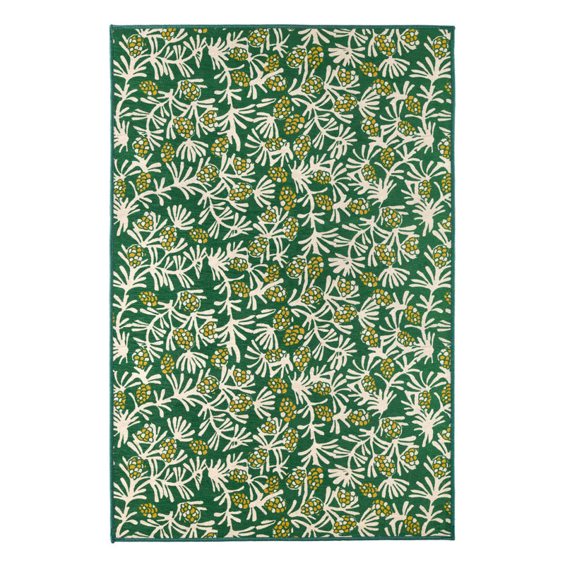 Winter Pinecones Green and White Synthetic Washable Rug 2x3