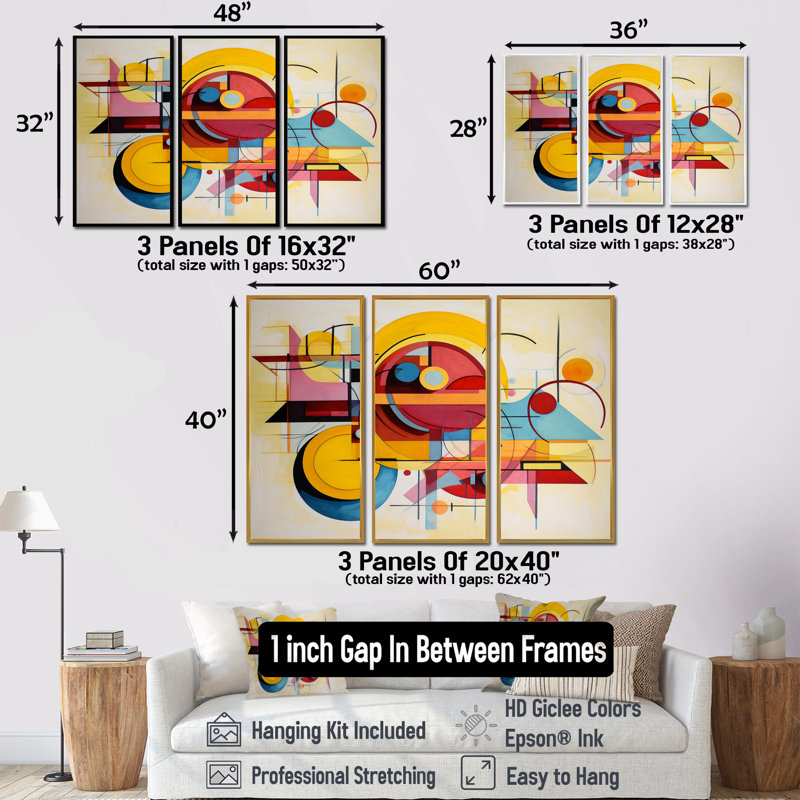 Jaune coucher de soleil déconstruit - ensemble d'art mural géométrique, Cadre flottant noir, H 40 po x l 60 po x P 1 po