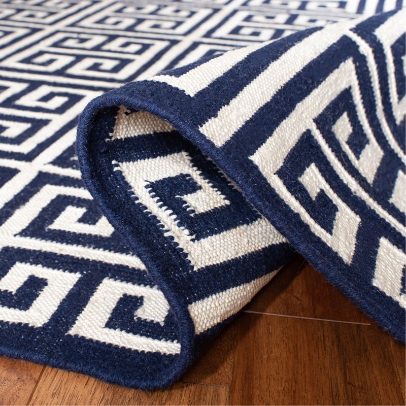 Rodgers Hand Woven Flat Weave Banana Silk/Wool/Cotton Geometric Rug in Navy/Ivory, Rectangle 3' x 5'