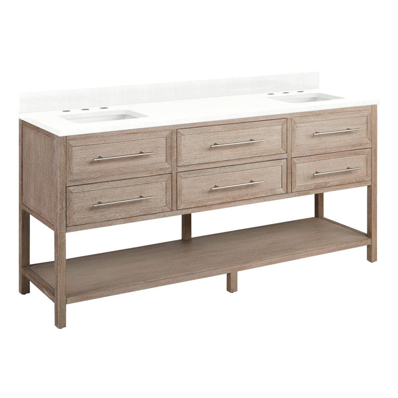 72" Robertson Double Bathroom Vanity Set with Rectangular Undermount Sinks, 8" Widespread, Feathered White Quartz, White