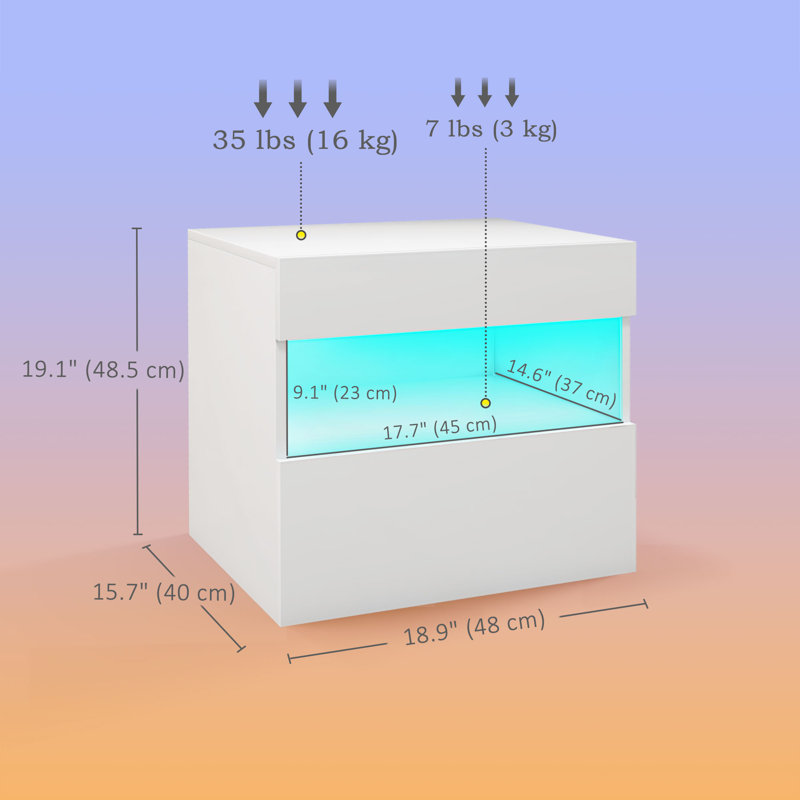 Nightstand with LED Lights, Bedside Table with Drawer and Shelf