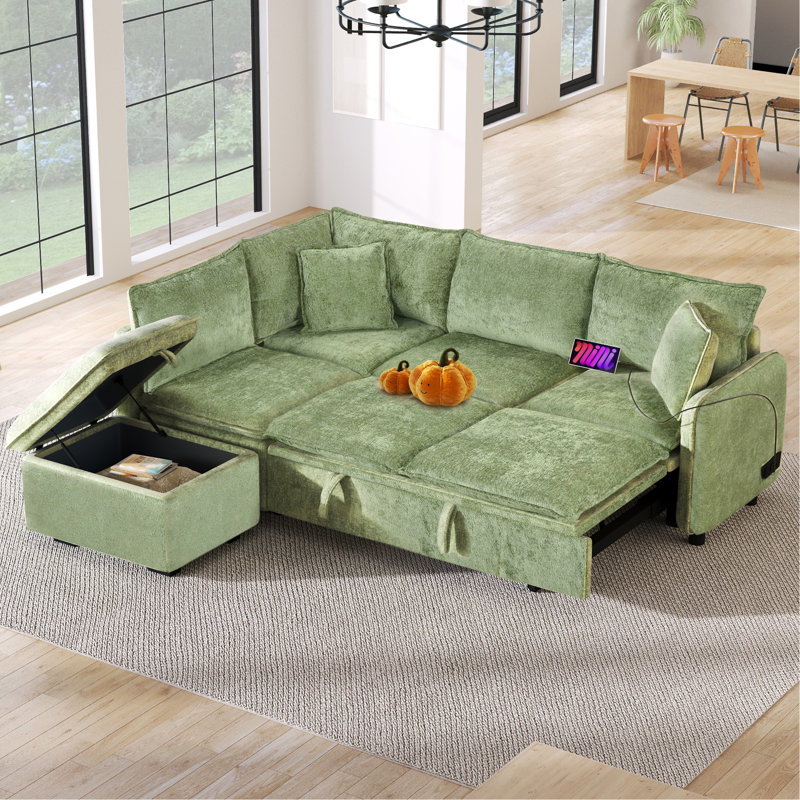 82.67"Convertible Sofa Bed Sectional Sofa Sleeper L-Shaped Sofa With A Storage Ottoman,Two Pillows, Two Power Sockets And Two USB Ports For Living Room, Green