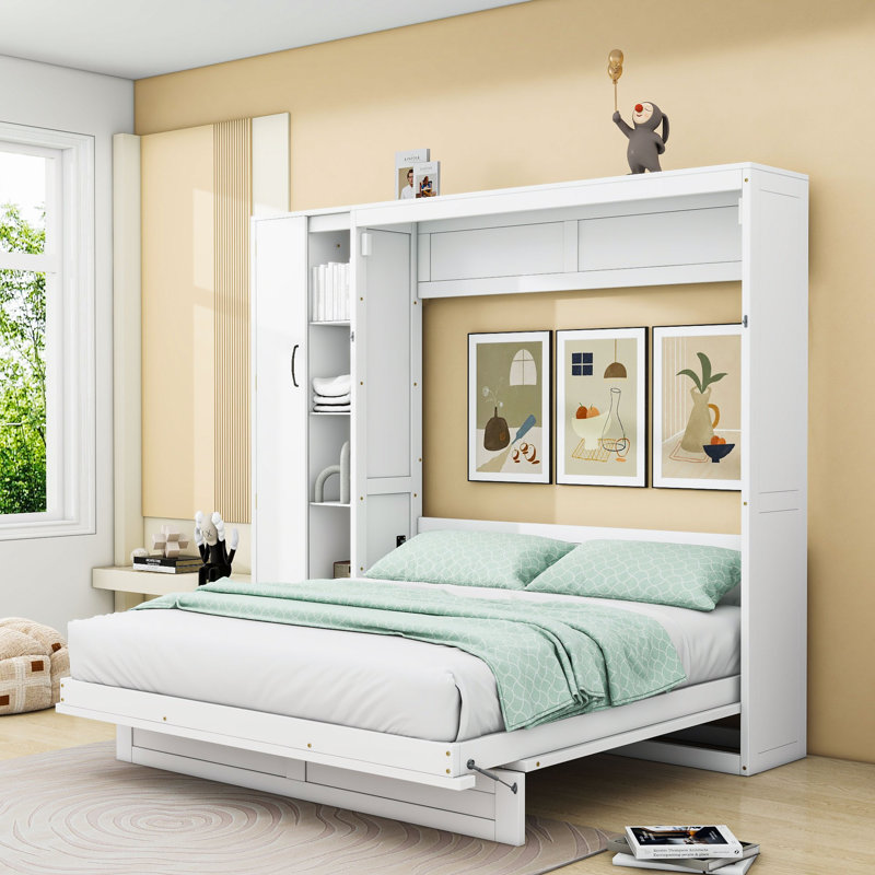 Lit escamotable mural Murphy avec tablettes intégrées, garde-robe et éclairage DEL, Blanc, Grand lit