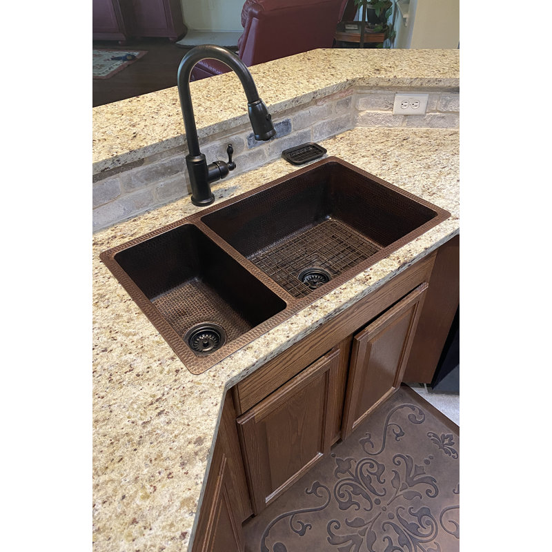 33" Hammered Copper Kitchen 25/75 Double Basin Sink with Matching Drains, and Accessories