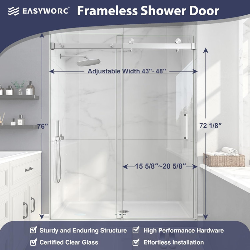 43"-48" W x 76" H Single Sliding Frameless Shower Door in Brushed Nickel with 1/4" (6mm) Clear Tempered Glass, Brushed Nickel