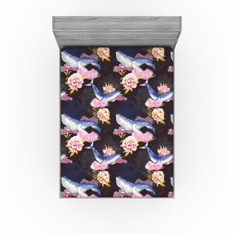 Drap-housse Ambesonne, Drap-housse de taille double, Lavande foncé, rose doux / floral