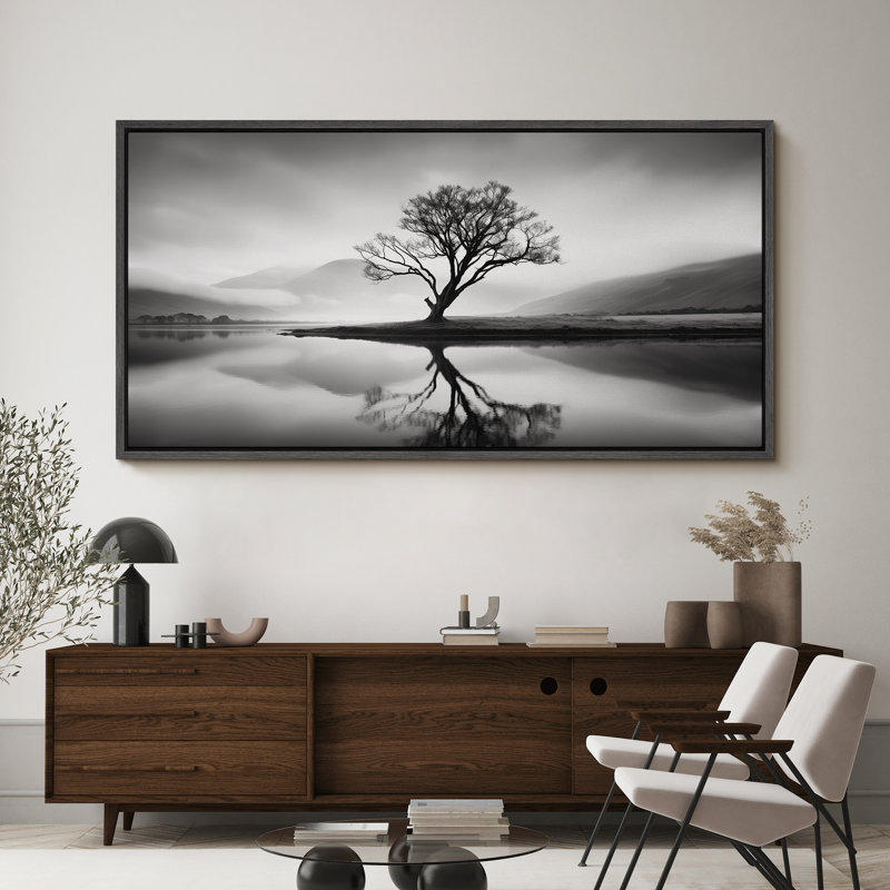 Nature, paysage, monochrome, sérénité, solitaire, arbre, reflet, lac, paysage, H 30 po x l 60 po, Noir, noir, noir, noir