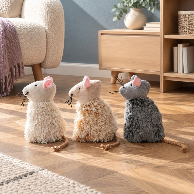 Ces 3 jouets à mâcher en peluche, durables et rechargeables, en forme de souris, sont conçus pour les chats d'intérieur. Ils sont composés de poils longs naturels et d'une queue en jute, et sont destinés à la chasse et à soulager l'ennui.