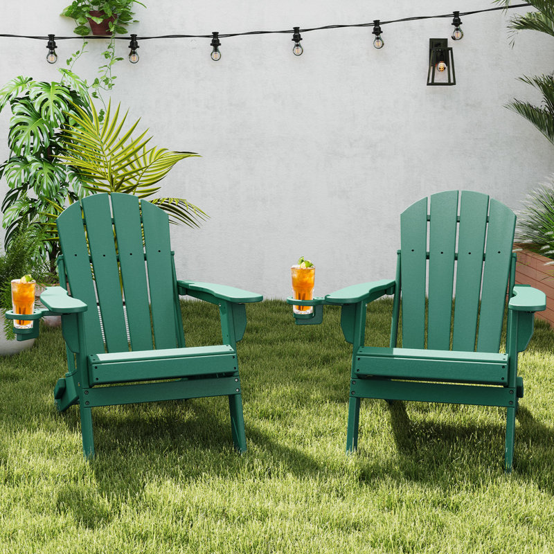 HDPE Folding Outdoor Adirondack Chair With Cup Holder (Set Of 2), Forest