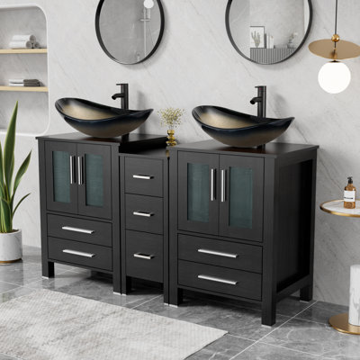 Sharee 60" Double Sink Bathroom Vanity With Vessel Sink, Manufactured Wood Top, Faucet And Drain