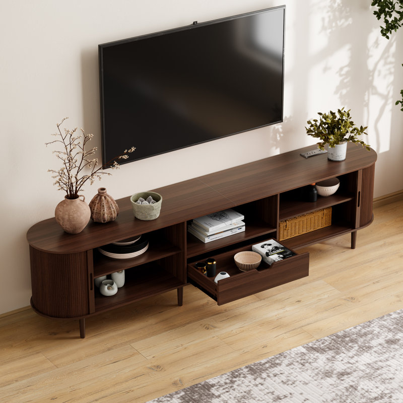 TV Stand with Storage For 65" - 85" TVs, Entertainment Center with Power Outlet, Fluted Media Console with Sliding Doors, Mid Century Modern Wood TV Console With Drawers And Shelves For Living Room