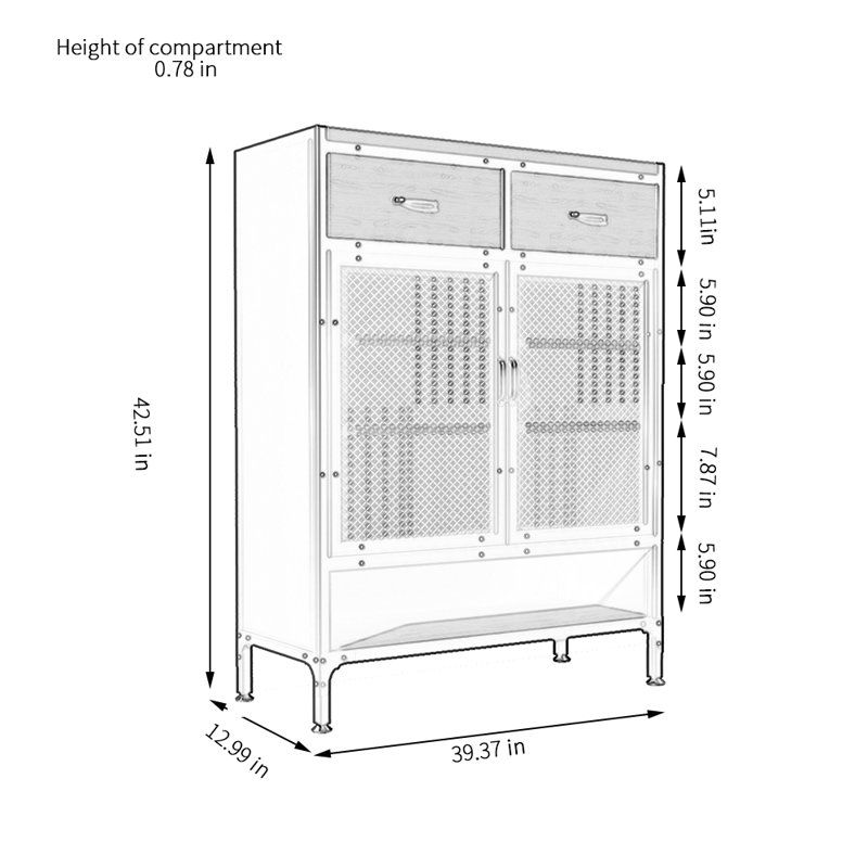 Armoire à chaussures industrielle en fer avec porte en filet