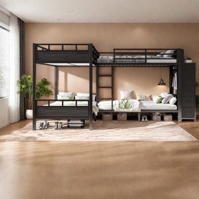 Lits jumeaux quadruples avec tiroirs de rangement, cadre moderne en métal et MDF pour maisons familiales