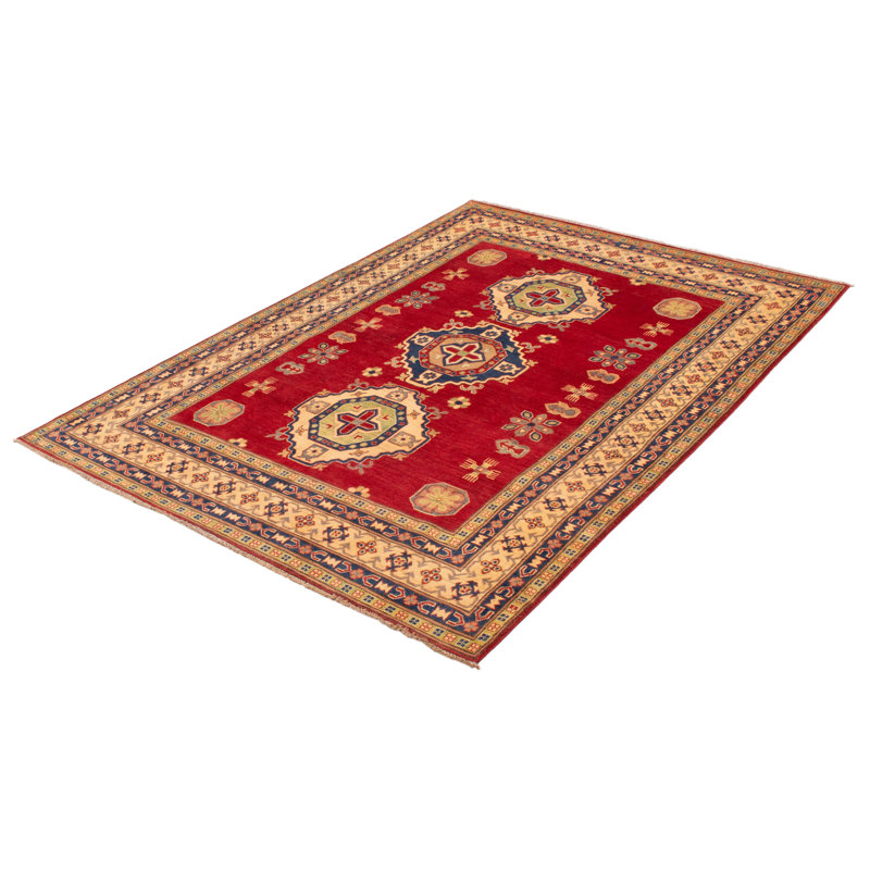 Tapis rouge en laine noué à la main de conception unique 6 pi 7 po x 9 pi 6 po New Age