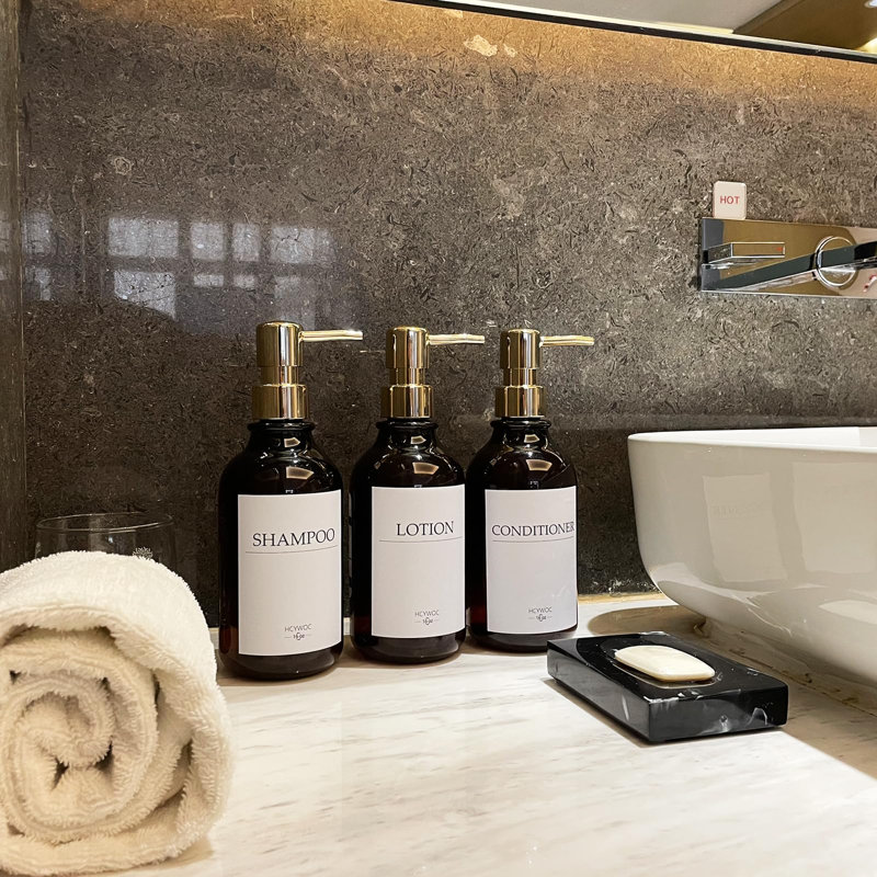 Lot de 3 distributeurs muraux pour douche, sans perçage, 16 étiquettes étanches, distributeur de shampoing et revitalisant pour la douche, salle de bain, 500 ml, ambre doré