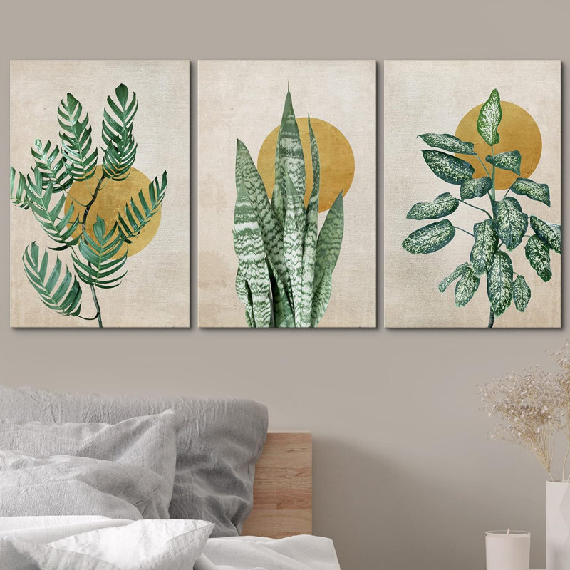 «Minimal Botanical Mid-Century Minimal Tropical Plants Nature Wilderness on Canvas», reproduction de 3 pièces, Toile tendue