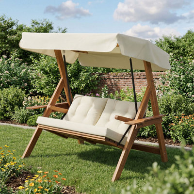 Balancelle double Elegant Garden, couleur crème, 63,0 po x 47,2 po x 78,7 po | Structure 100% bois de pin, tissu 100% polyester imperméable | Housses de coussin faciles à nettoyer, résistantes aux rayons UV et amovibles | Parfait pour la détente en plein air