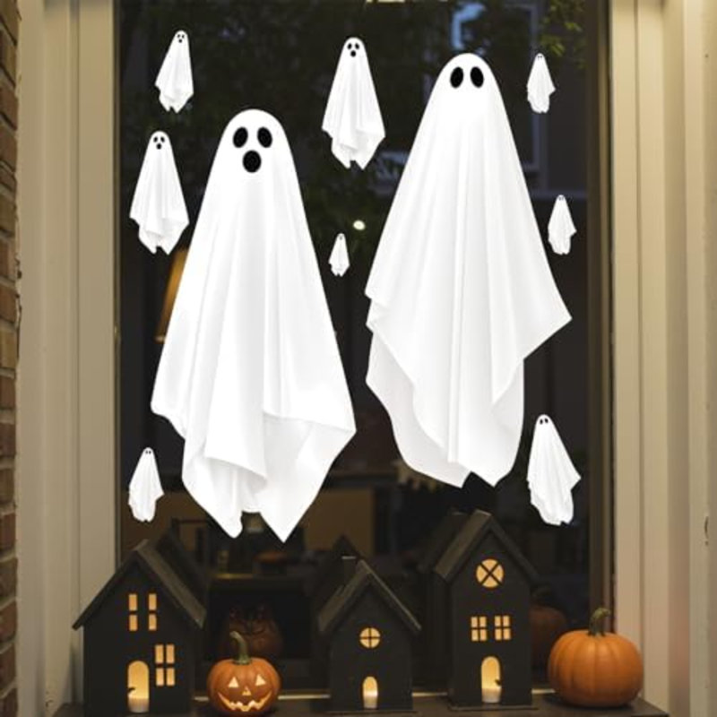 Décoration de fenêtre d'Halloween d'Halloween - Décalcomanie de 25,6 po à double face fantôme blanche, décorations d'Halloween effrayantes pour miroir en verre, 3 feuilles