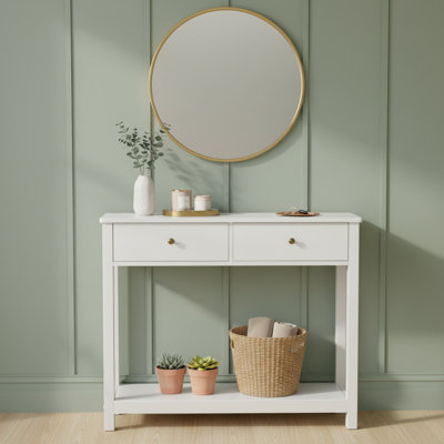 Console blanche simple, deux tiroirs, rangement ouvert, convient à l'entrée du salon