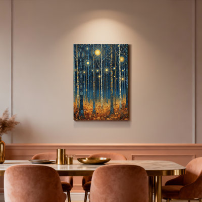Forêt mystique avec cercles lumineux et bouleaux - Ensemble de 1 tableau sur toile tendue