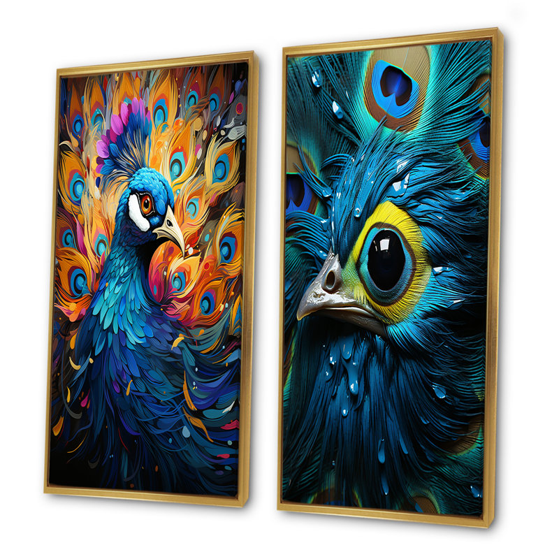 Peacocks Royal Plumage - ensemble d'art mural sur toile paon de 2, H 32 po x l 33 po, Encadrement doré