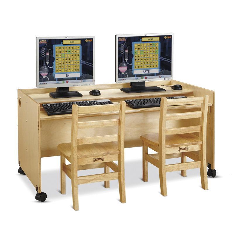 Natural Wood Double Computer Desk with Adjustable Keyboard Tray