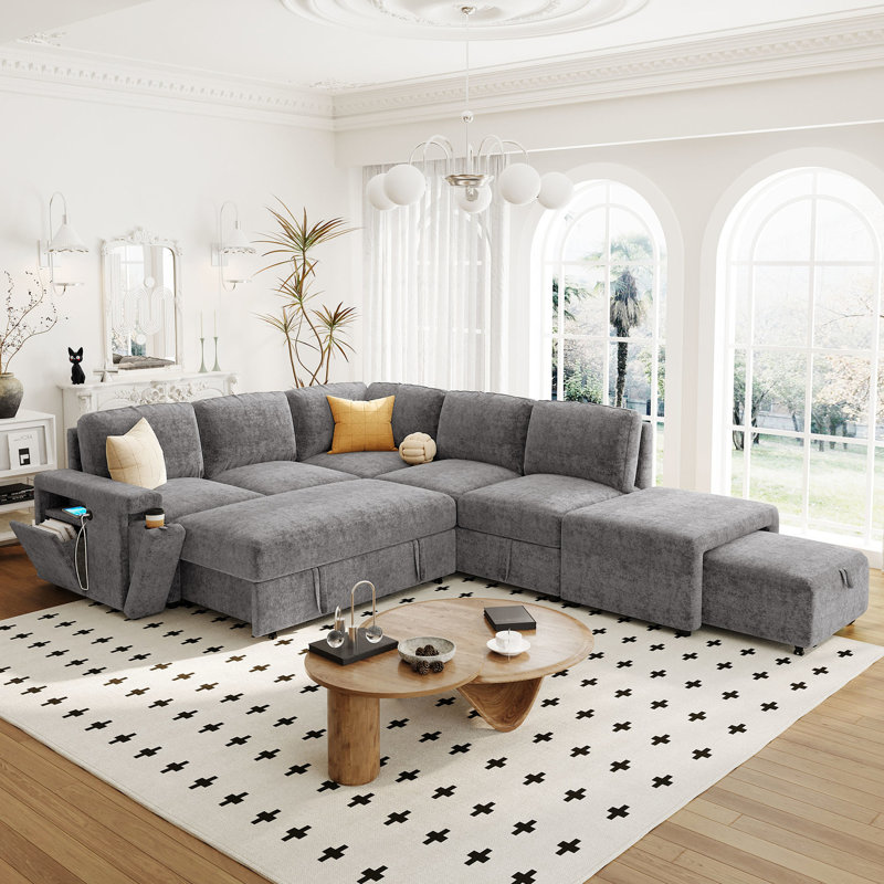 En forme de L avec espace de rangement et port de chargement - Élégant pour les espaces de vie, les bureaux, les appartements, le compartiment caché et le décor gris