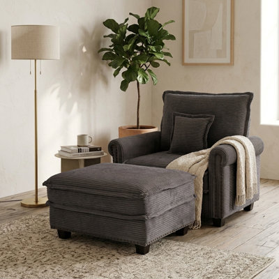 42" Corduroy Oversized Accent Chair with Ottoman, Upholstered Lounge Chair with Rolled Arms and Nailhead Trim